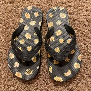 Black Flip Flops with Yellow Daisy Print